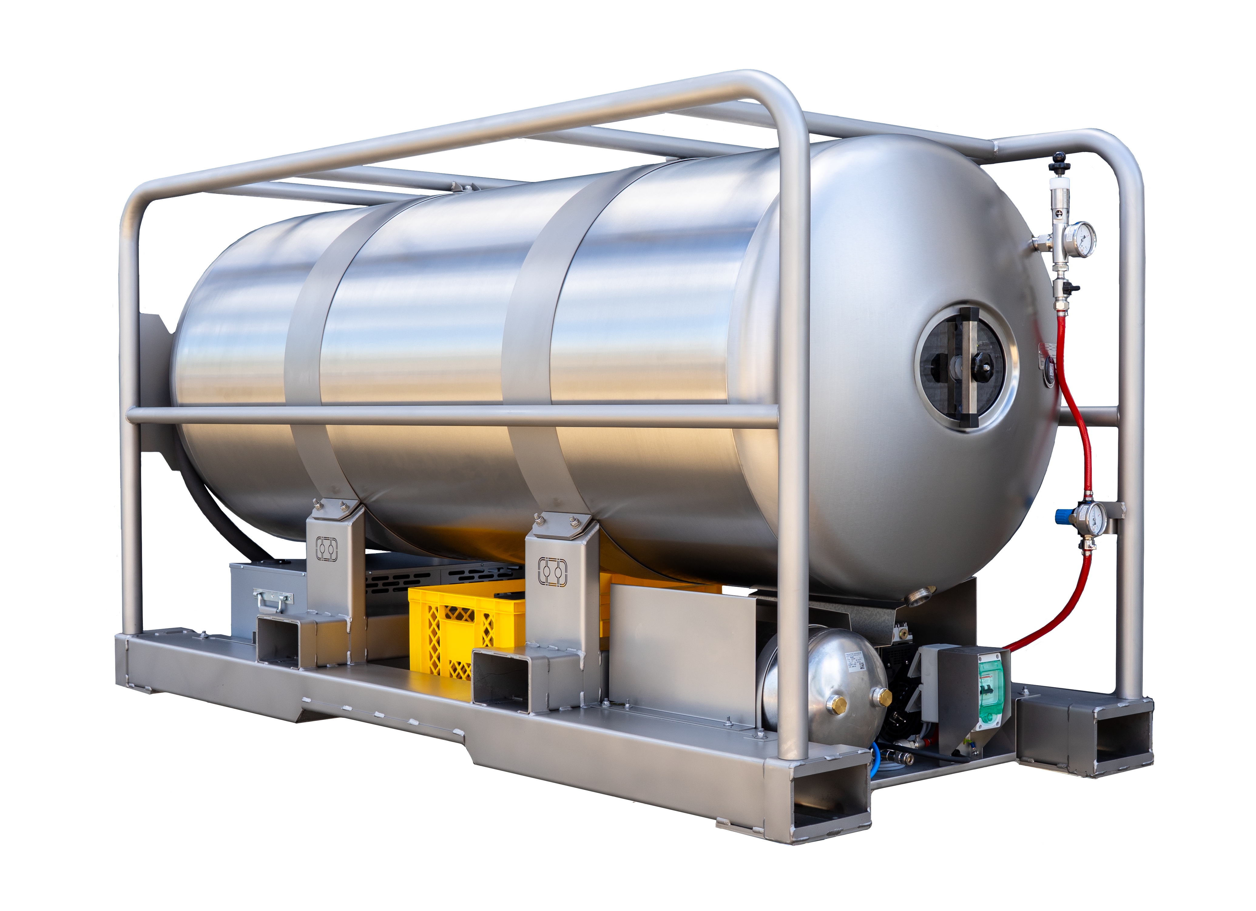 Eventtank driekwart aanzicht met geel krat